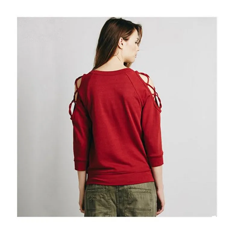 3/4 Sleeves Scoop Pullover Slim Solid Color Sweatshirt