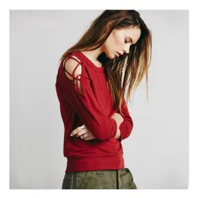 3/4 Sleeves Scoop Pullover Slim Solid Color Sweatshirt