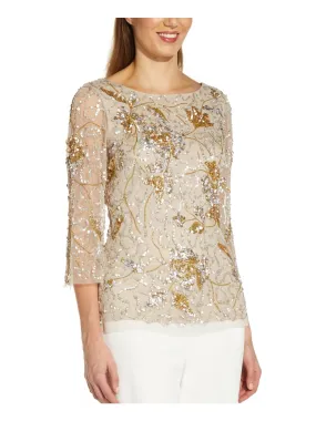 ADRIANNA PAPELL Womens Beige Zippered Embellished V-back Sheer 3/4 Sleeve Boat Neck Evening Top