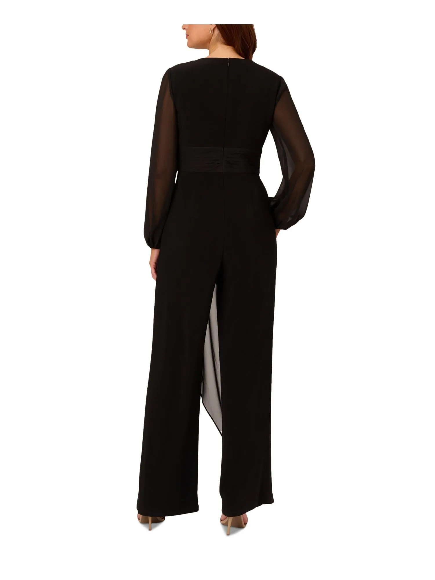 ADRIANNA PAPELL Womens Black Pleated Zippered Draped Overlay Long Sleeve V Neck Evening Wide Leg Jumpsuit