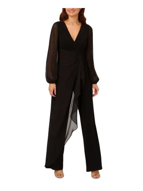 ADRIANNA PAPELL Womens Black Pleated Zippered Draped Overlay Long Sleeve V Neck Evening Wide Leg Jumpsuit