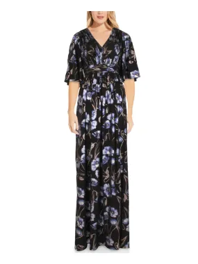 ADRIANNA PAPELL Womens Black Pleated Zippered Metallic Floral Kimono Sleeve V Neck Full-Length Evening Gown Dress