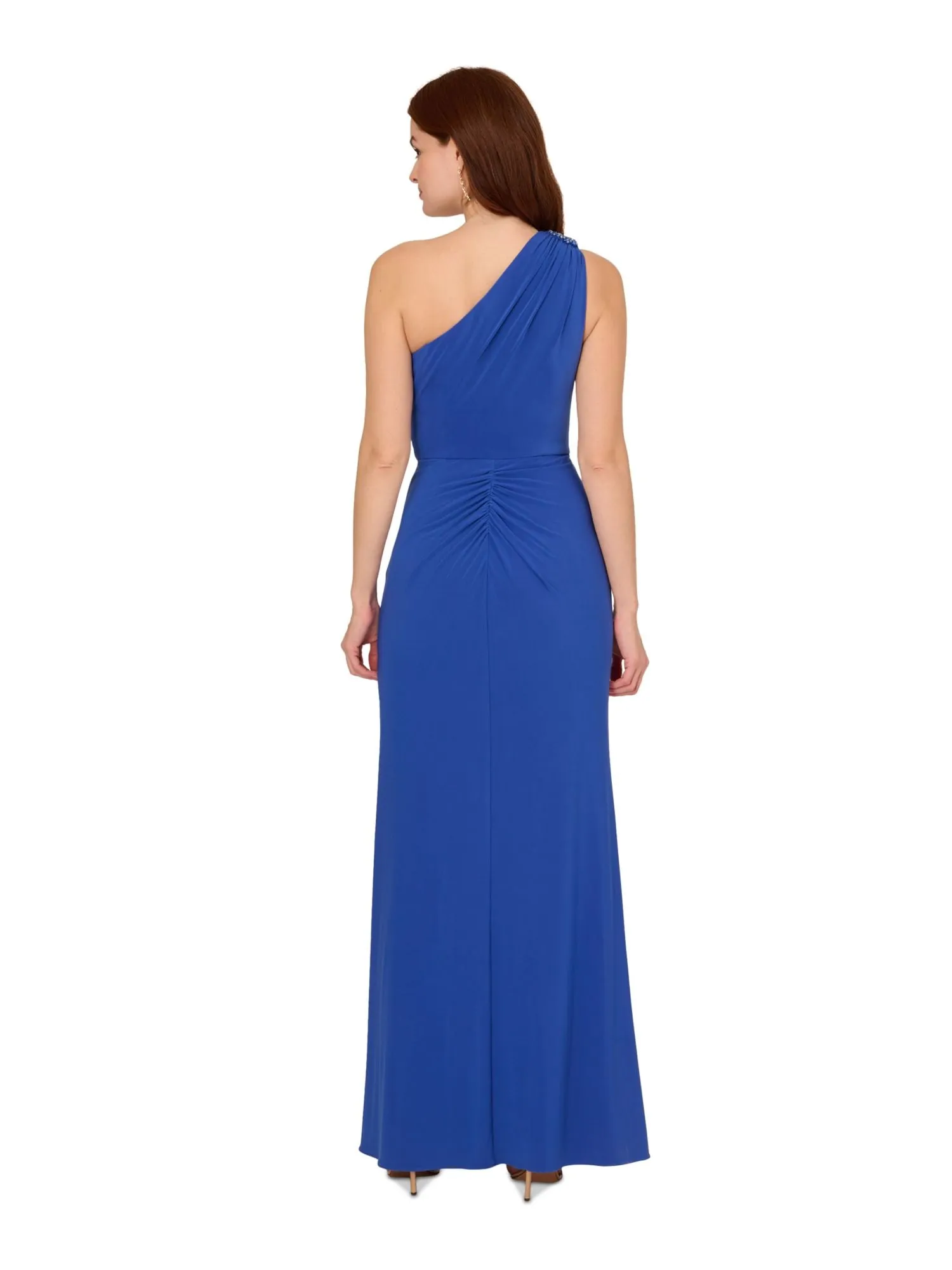 ADRIANNA PAPELL Womens Blue Embellished Zippered Shirred Draped Skirt Lined Sleeveless Asymmetrical Neckline Full-Length Evening Gown Dress