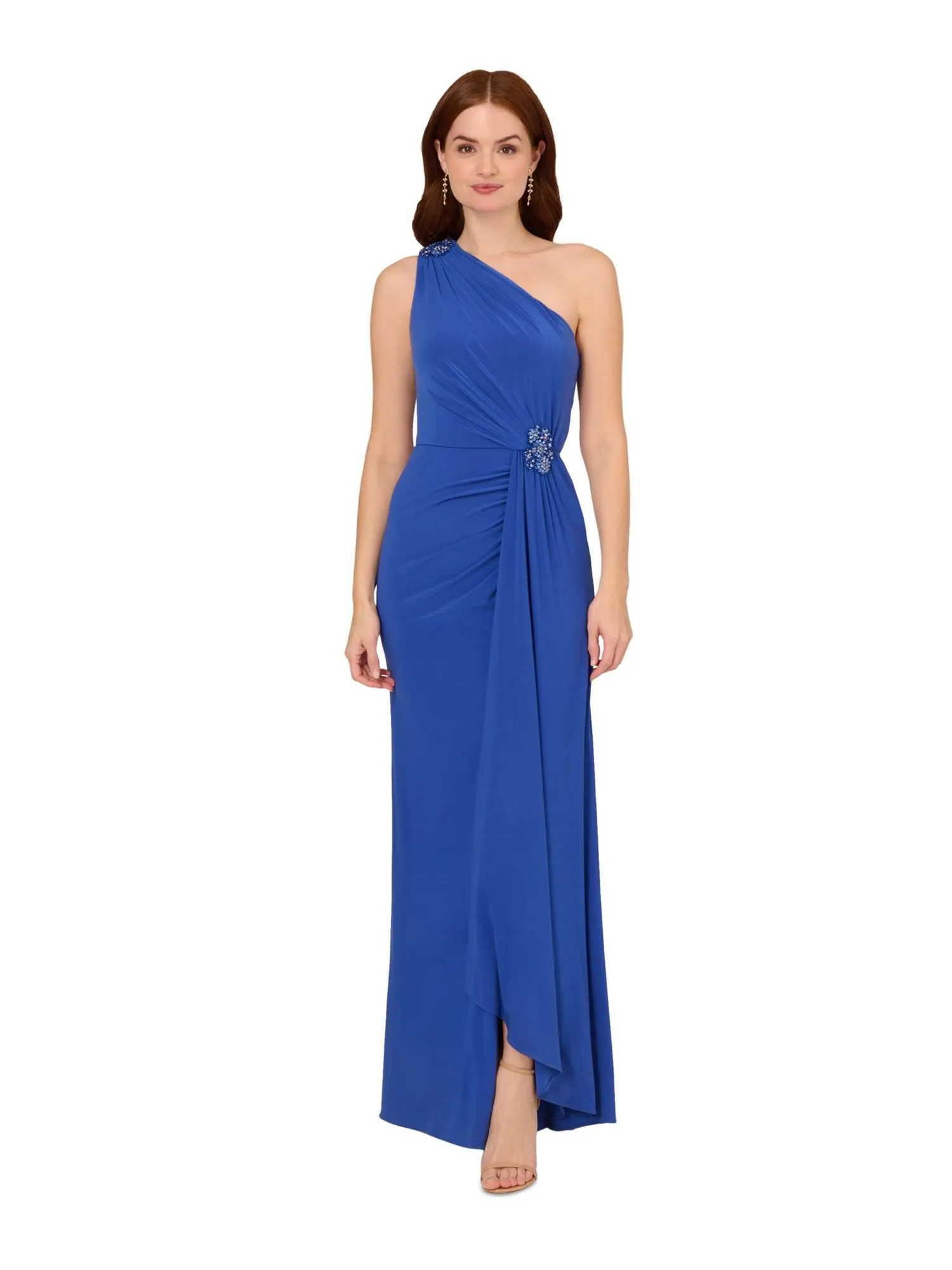 ADRIANNA PAPELL Womens Blue Embellished Zippered Shirred Draped Skirt Lined Sleeveless Asymmetrical Neckline Full-Length Evening Gown Dress