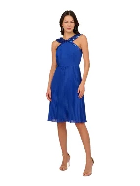 ADRIANNA PAPELL Womens Blue Pleated Zippered Lined Sleeveless Halter Above The Knee Cocktail Fit   Flare Dress