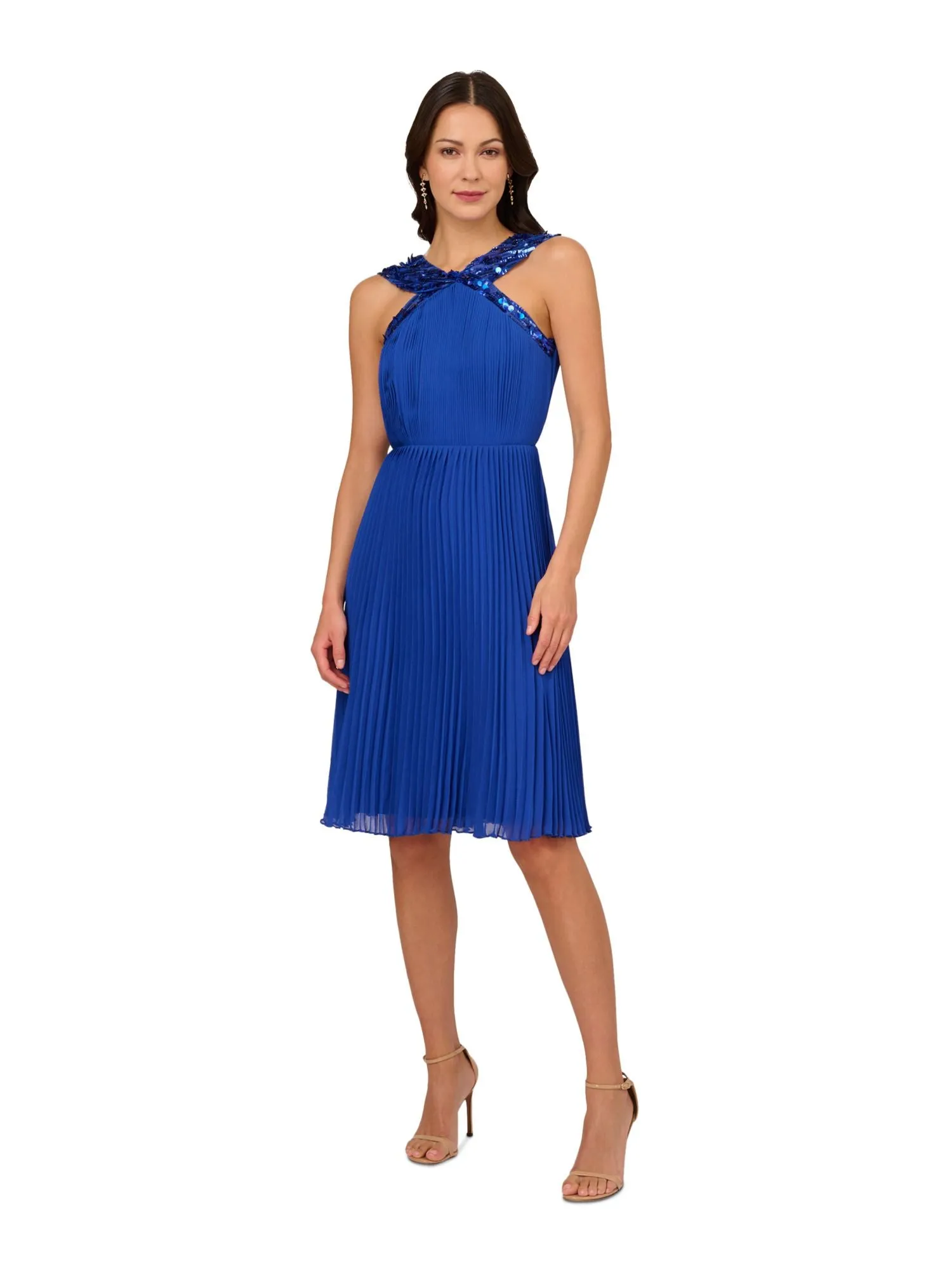 ADRIANNA PAPELL Womens Blue Pleated Zippered Lined Sleeveless Halter Above The Knee Cocktail Fit   Flare Dress