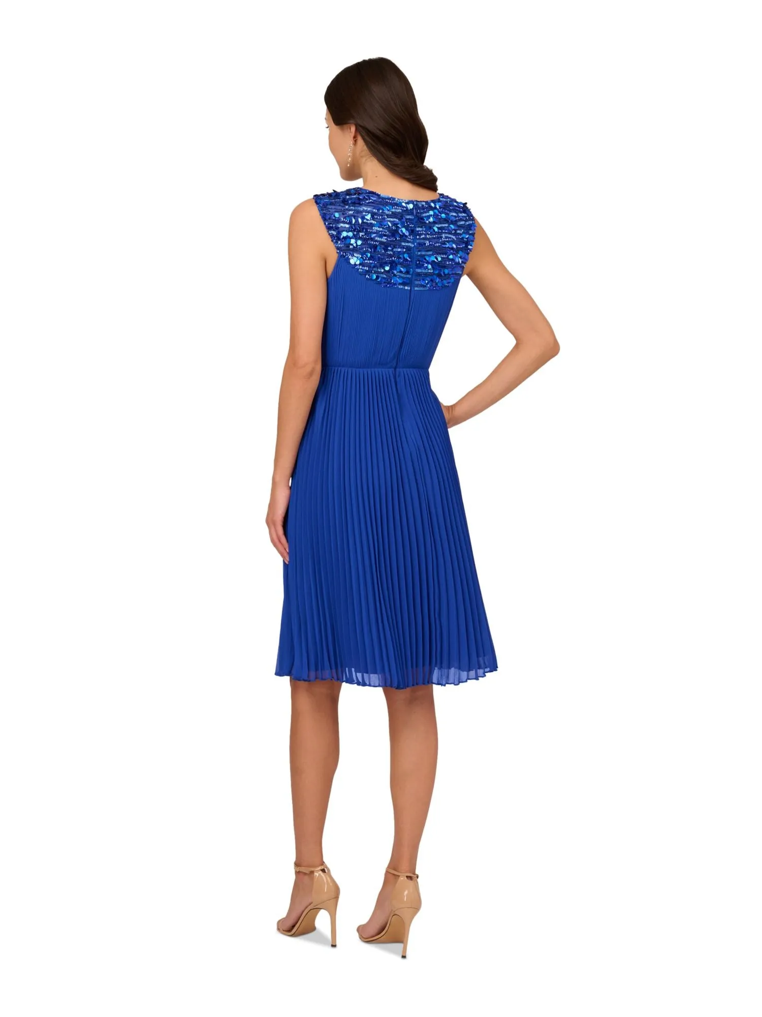 ADRIANNA PAPELL Womens Blue Pleated Zippered Lined Sleeveless Halter Above The Knee Cocktail Fit   Flare Dress