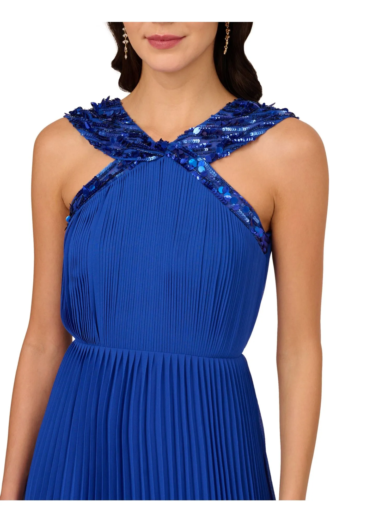 ADRIANNA PAPELL Womens Blue Pleated Zippered Lined Sleeveless Halter Above The Knee Cocktail Fit   Flare Dress