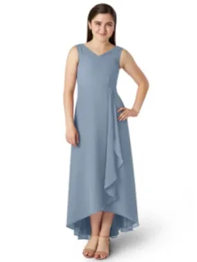 ADRIANNA PAPELL Womens Blue Stretch Zippered Pleated Cascade Ruffle Slitted Lined Sleeveless Asymmetrical Neckline Full-Length Evening Gown Dress