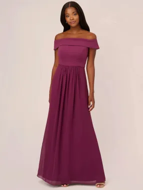 ADRIANNA PAPELL Womens Burgundy Zippered Lined Foldover Neckline Chiffon Skirt Cap Sleeve Off Shoulder Full-Length Evening Gown Dress