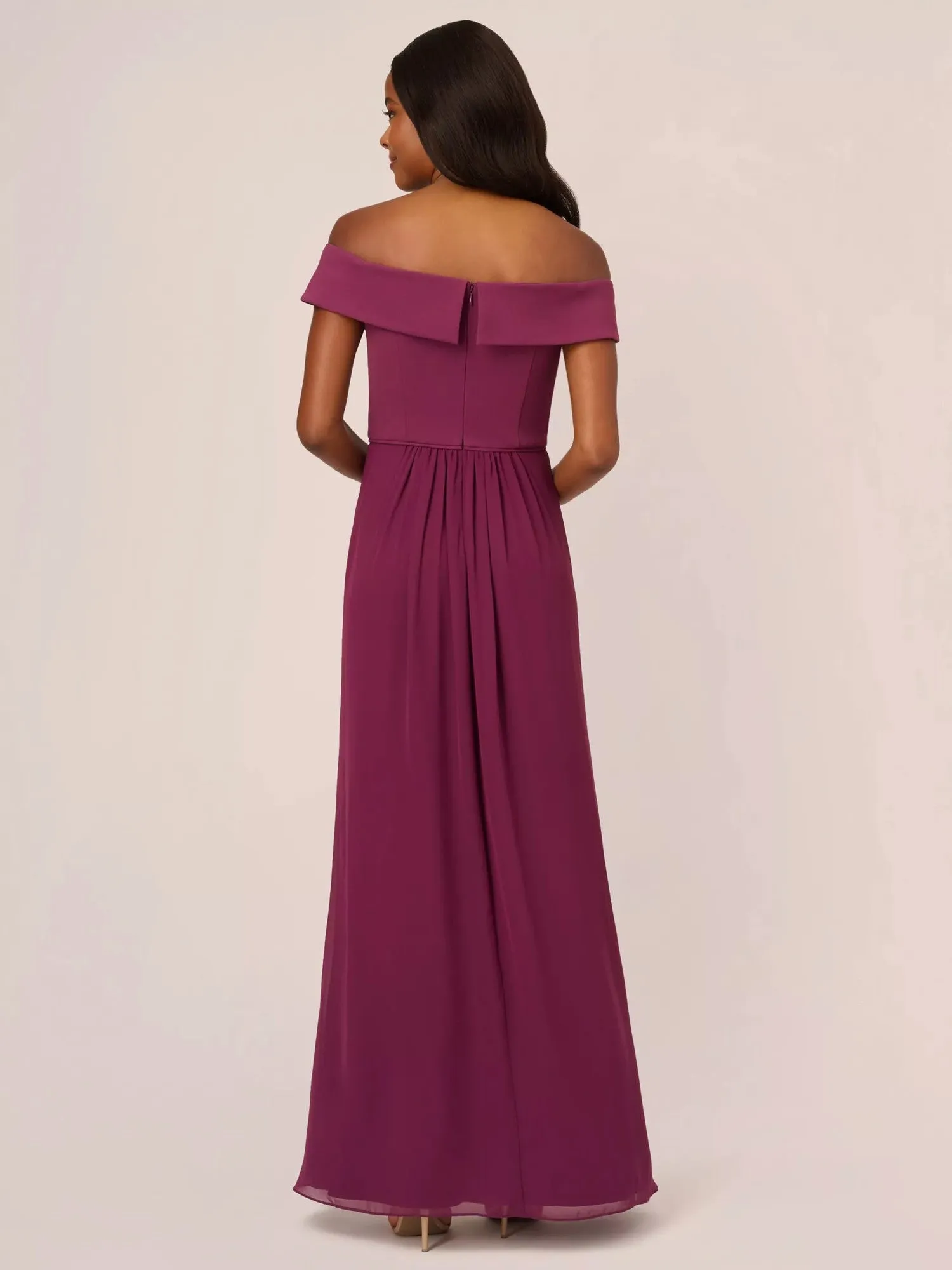 ADRIANNA PAPELL Womens Burgundy Zippered Lined Foldover Neckline Chiffon Skirt Cap Sleeve Off Shoulder Full-Length Evening Gown Dress