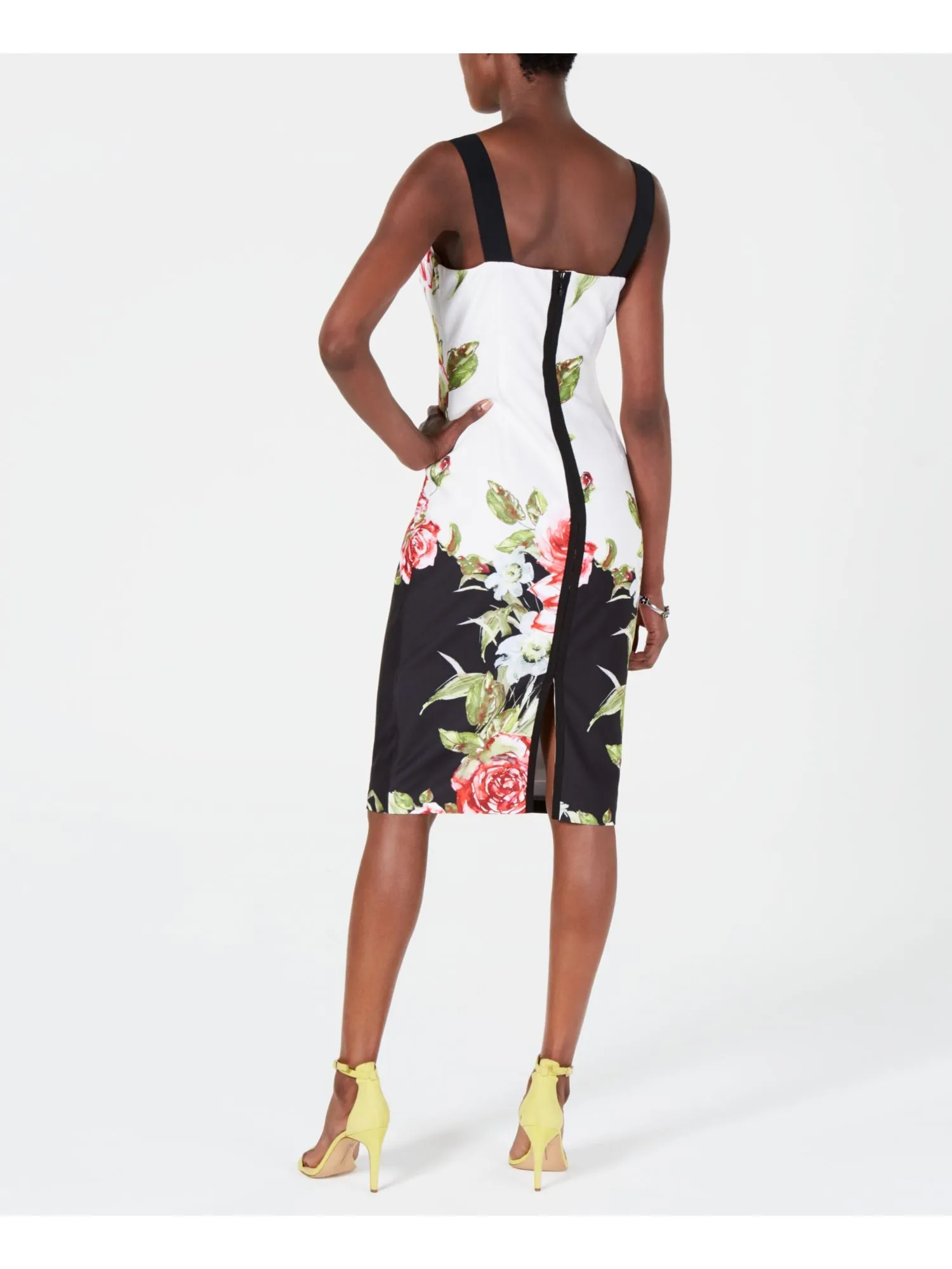 ADRIANNA PAPELL Womens Floral Sleeveless Square Neck Midi Cocktail Body Con Dress