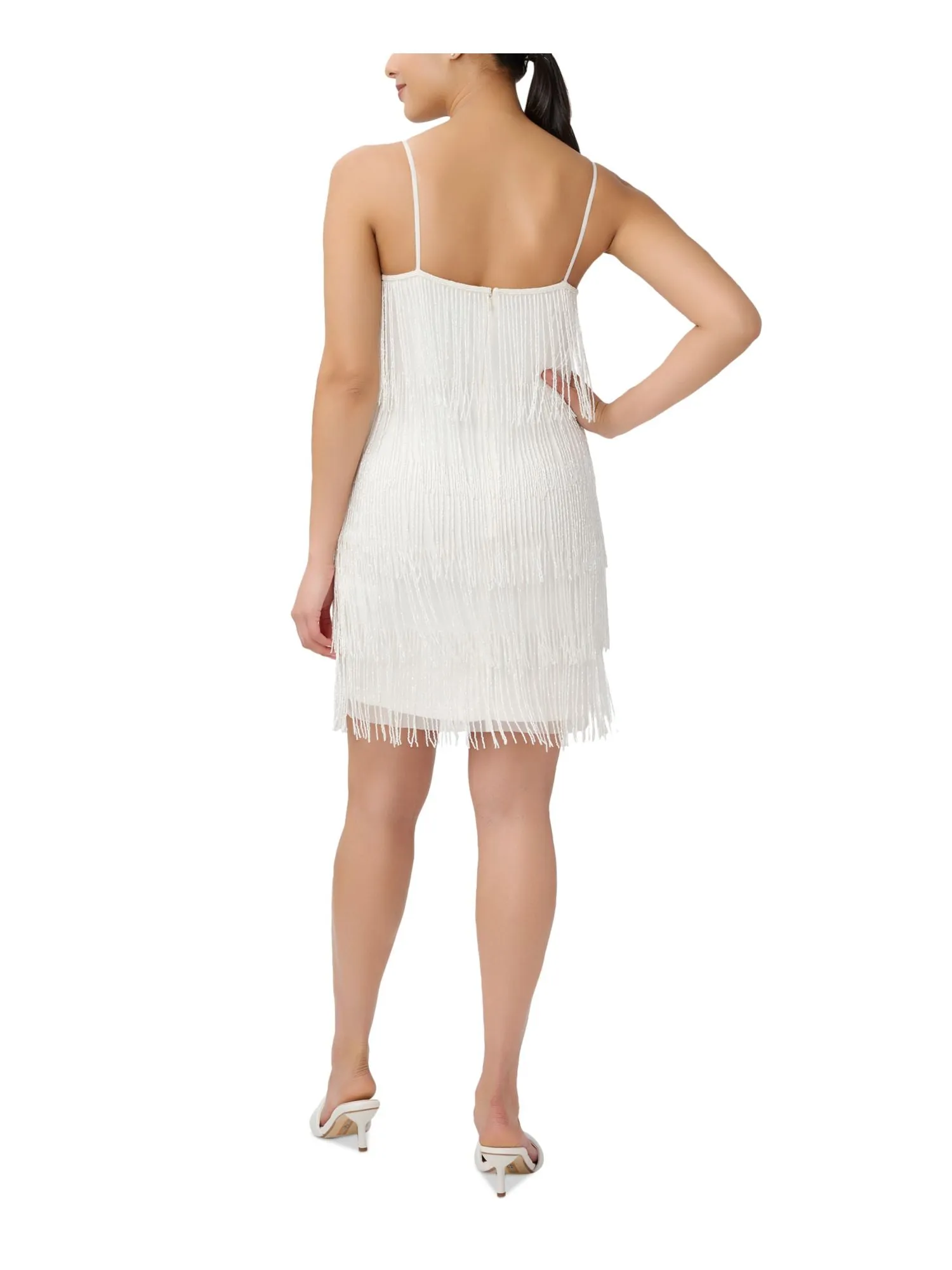 ADRIANNA PAPELL Womens Ivory Zippered Lined Beaded Fringe Spaghetti Strap Square Neck Short Cocktail Shift Dress