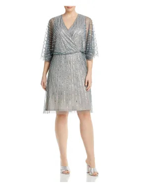 ADRIANNA PAPELL Womens Sequined Flutter Sleeve V Neck Above The Knee Party Sheath Dress