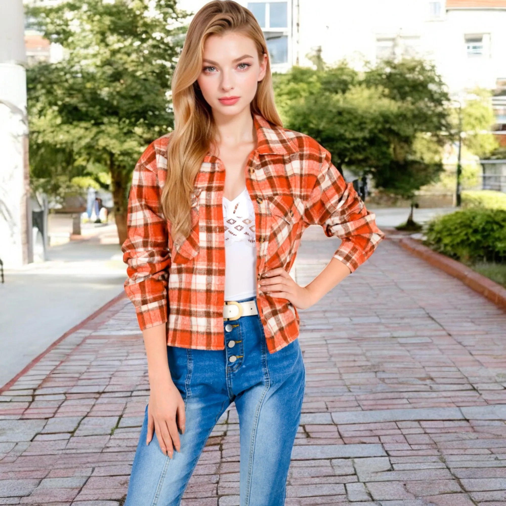 Anna-Kaci Women's Button-Up Plaid Shirt with Chest Pockets and Long Sleeves