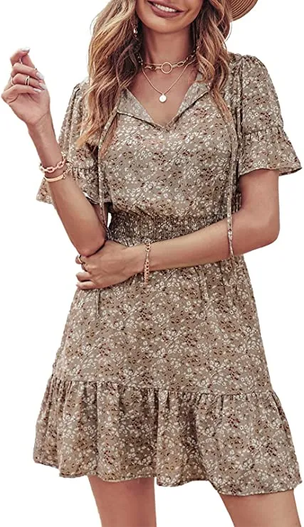 Apricot Women's Summer Boho Short Dresses Floral Print Tie Neck Short Sleeve Elastic High Waist Ruffle Mini Skater Dress - Prettygarden