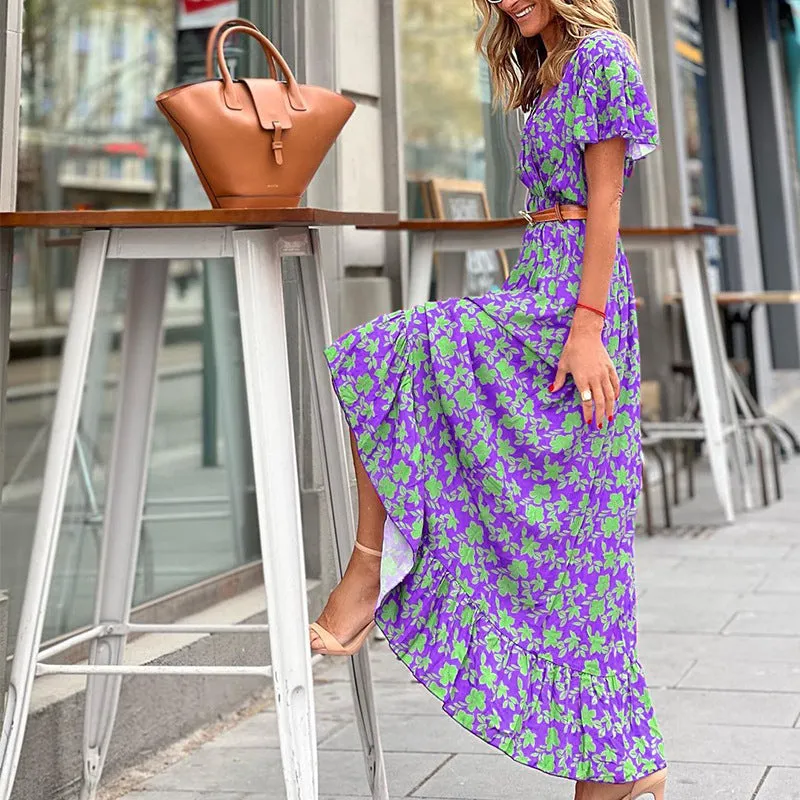 Autumn Fashion Floral V-Neck Casual Irregular Dress