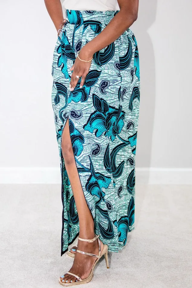 Avogan Maxi Skirt- Teal watercolor pattern Maxi Skirt