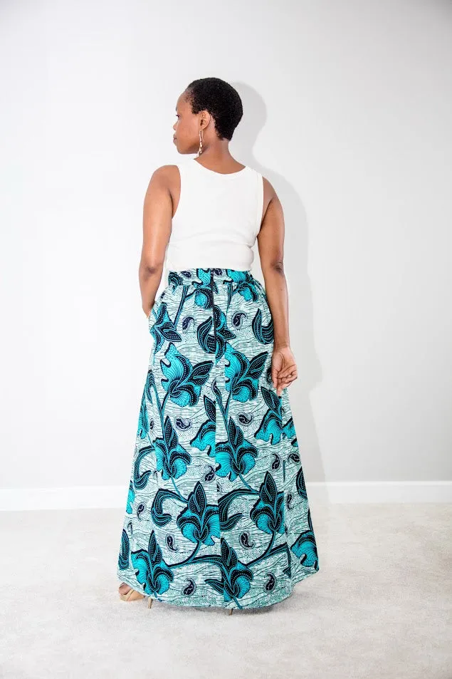 Avogan Maxi Skirt- Teal watercolor pattern Maxi Skirt