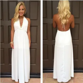 Backless V-neck White Long Chiffon Party Dress