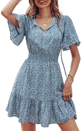 Blue Women's Summer Boho Short Dresses Floral Print Tie Neck Short Sleeve Elastic High Waist Ruffle Mini Skater Dress - Prettygarden