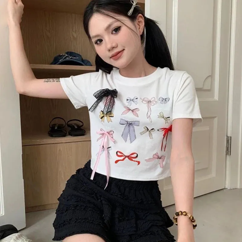 Bonnyshow T-shirt Women White Summer New Fashion O-Neck Versatile Crop Top Streetwear Short Sleeve Bow Print Tees Casual Slim Female Tees