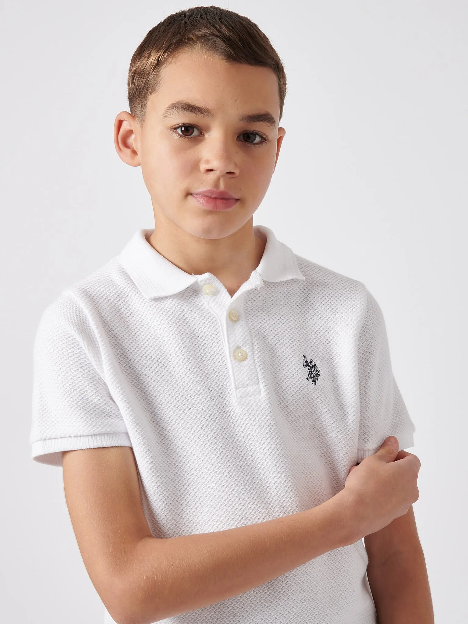 Boys Texture Double Horsemen Polo Shirt in Bright White