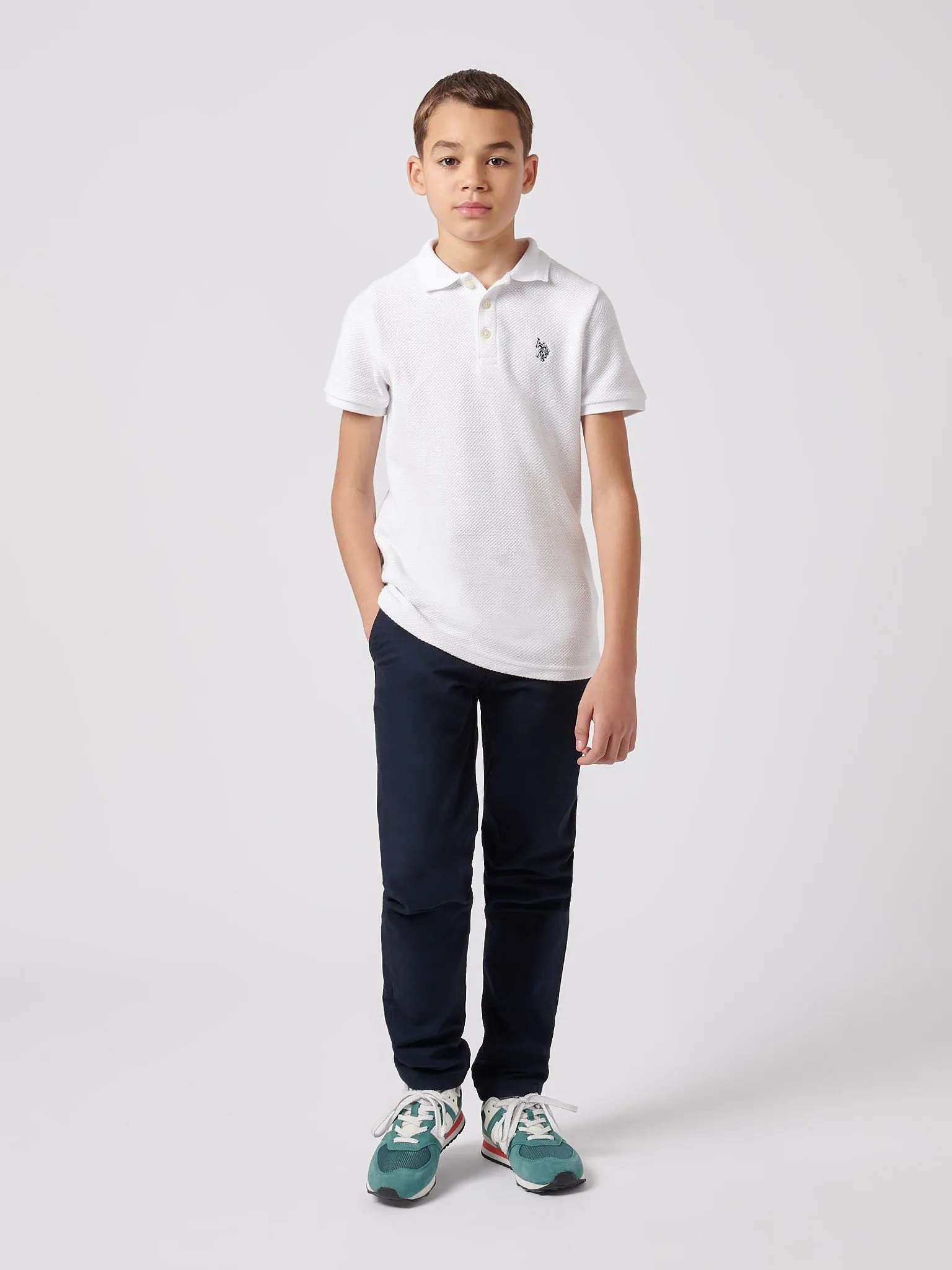 Boys Texture Double Horsemen Polo Shirt in Bright White