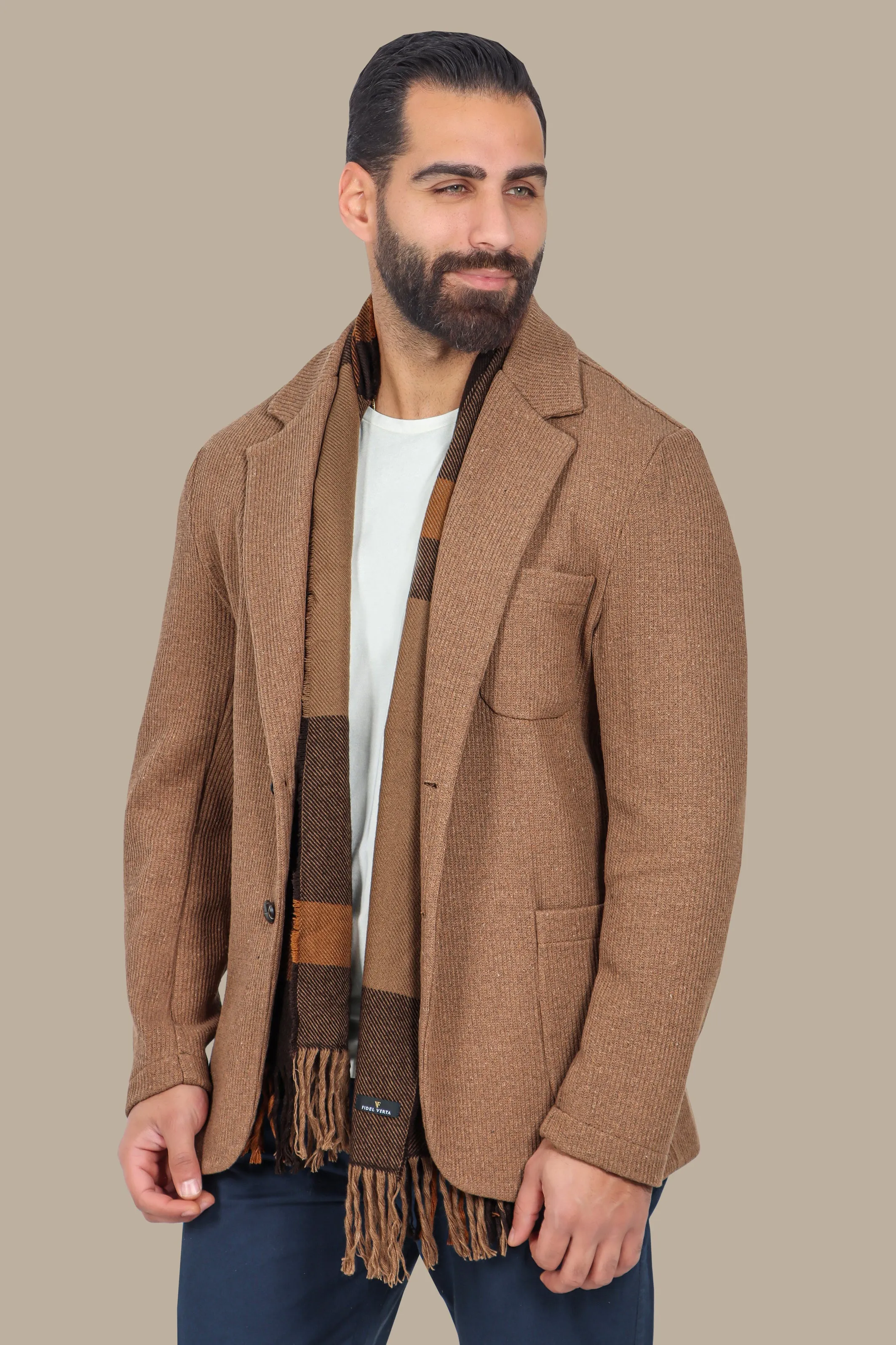 Brown Cotton Mercerized Blazer with Notch Lapel