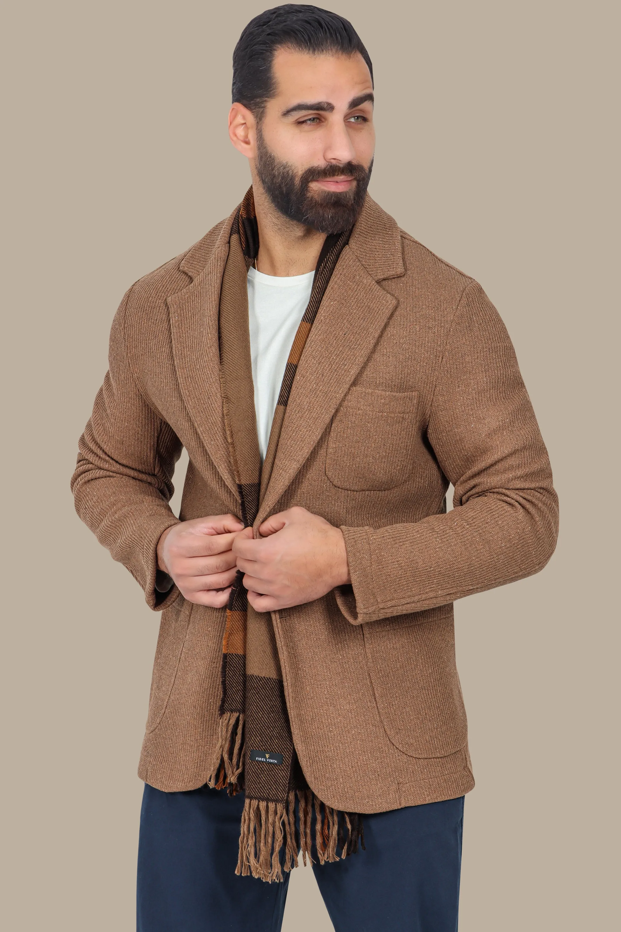 Brown Cotton Mercerized Blazer with Notch Lapel