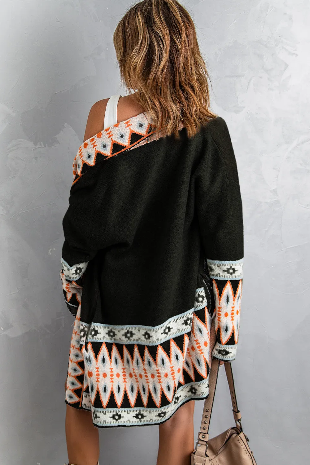 Cardigan Geometric Open Front Long Sleeve Maxi Sweater