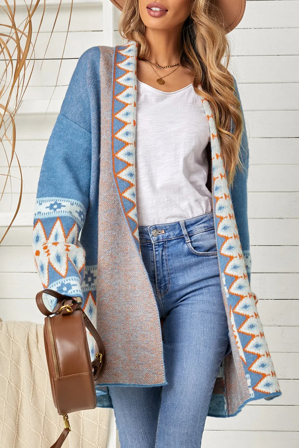 Cardigan Geometric Open Front Long Sleeve Maxi Sweater