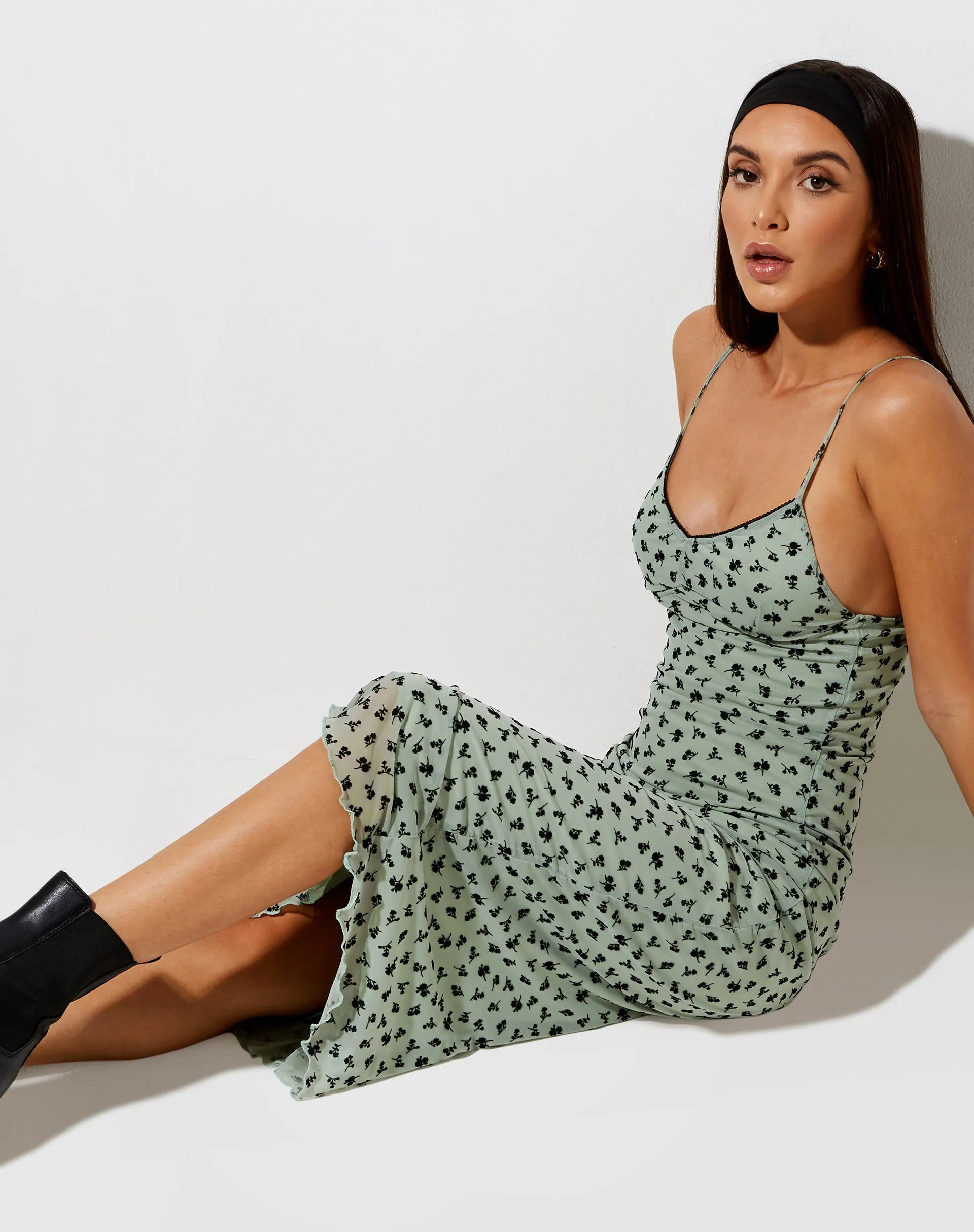 Cotina Midi Dress in Sage Flower Buds Black Flock