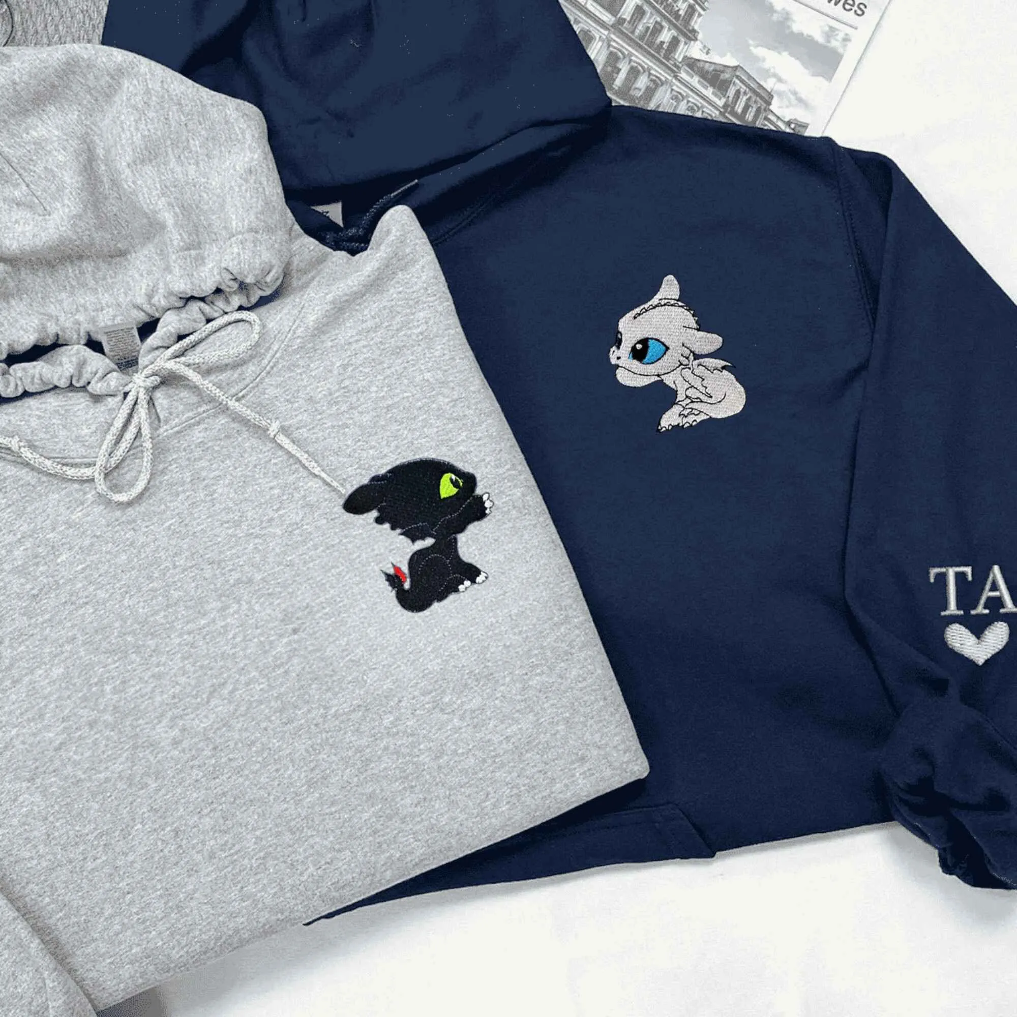 Custom Embroidered Baby Dragon Couple Hoodies | Fun Matching Couple Sweatshirts