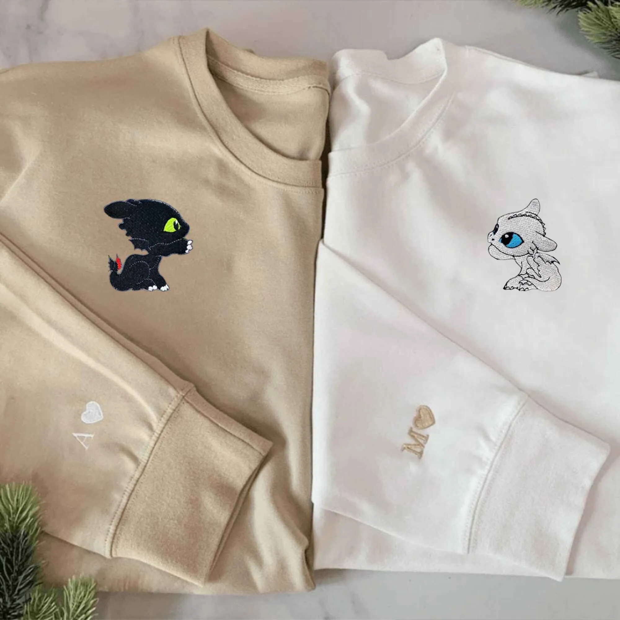 Custom Embroidered Baby Dragon Couple Hoodies | Fun Matching Couple Sweatshirts