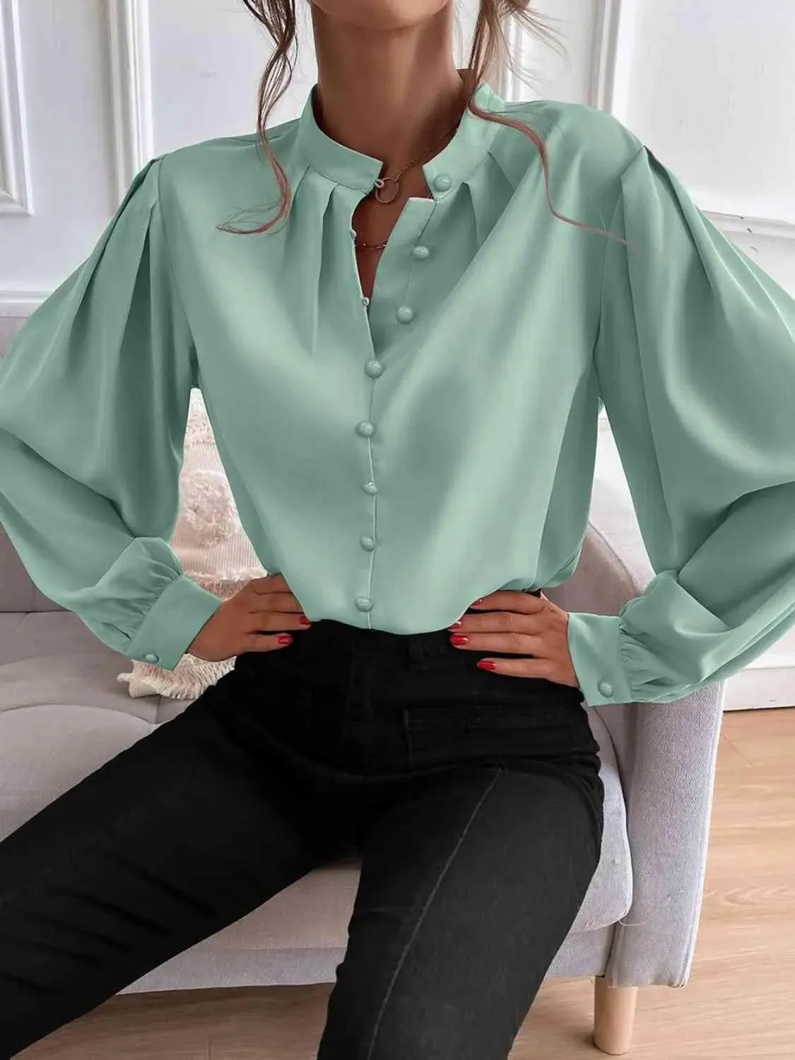 Effortless Sophistication: Women's Button Front Mock Neck Blouse