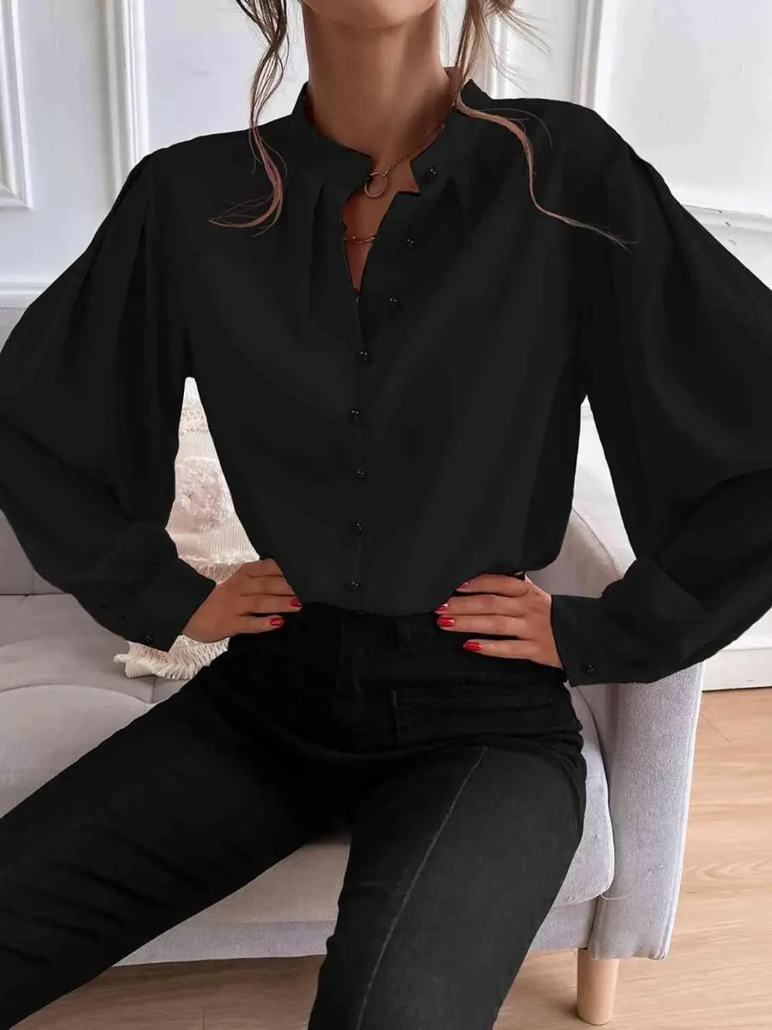 Effortless Sophistication: Women's Button Front Mock Neck Blouse