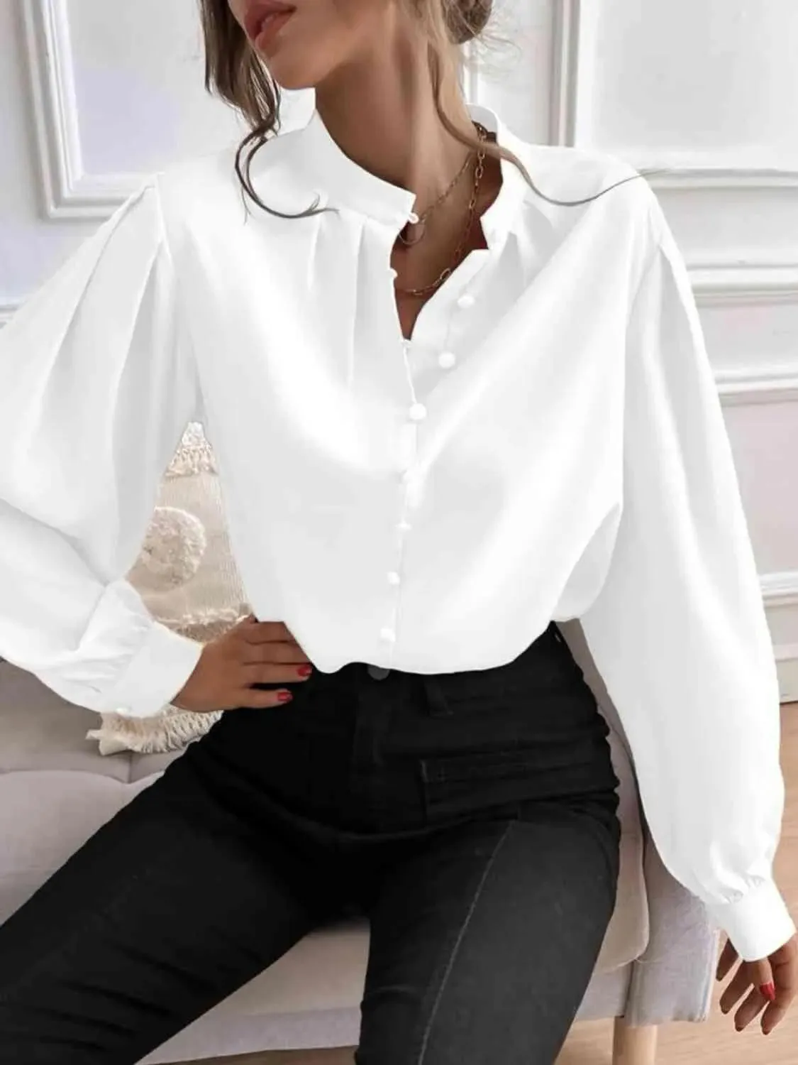 Effortless Sophistication: Women's Button Front Mock Neck Blouse