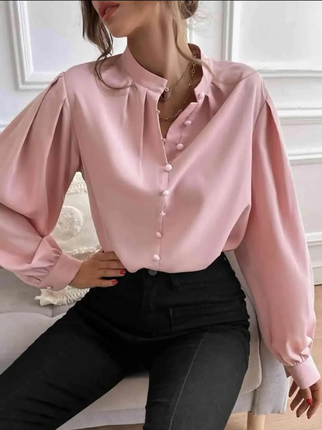 Effortless Sophistication: Women's Button Front Mock Neck Blouse