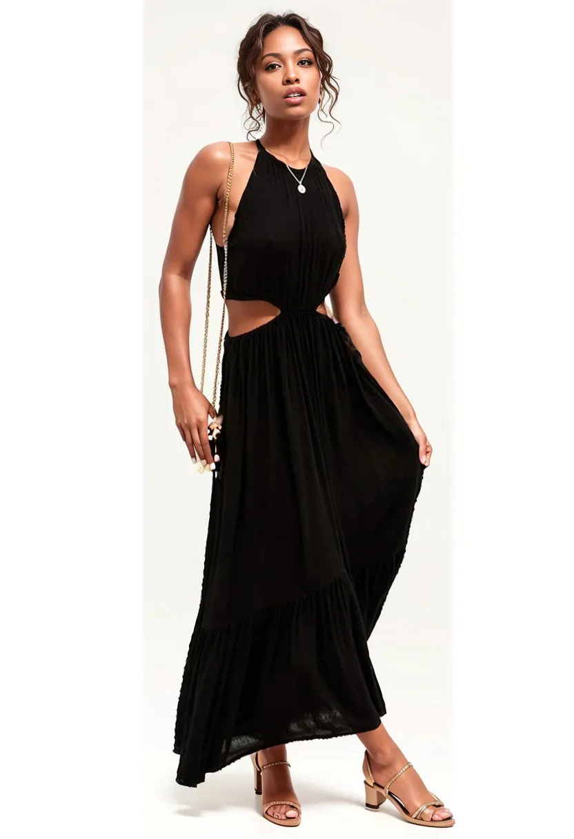 Fresh and Stylish Solid Color Midriff Outfit Halter Strap Dress