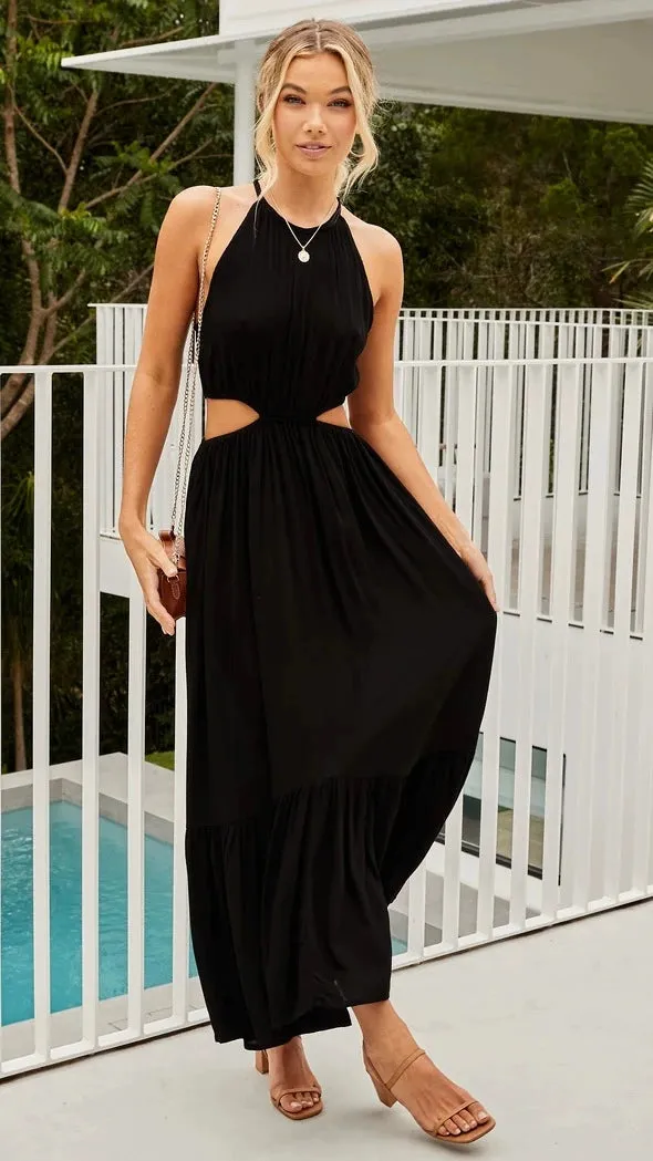 Fresh and Stylish Solid Color Midriff Outfit Halter Strap Dress