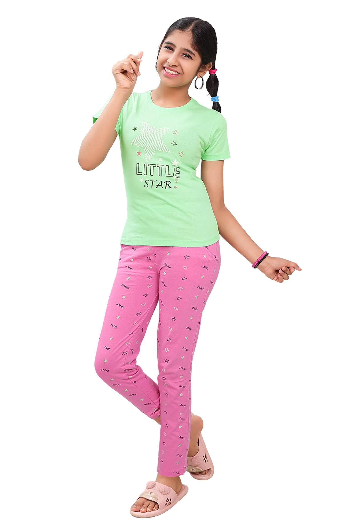 Girls Round Neck Tees  With Full Pant Set With Pocket - Laika