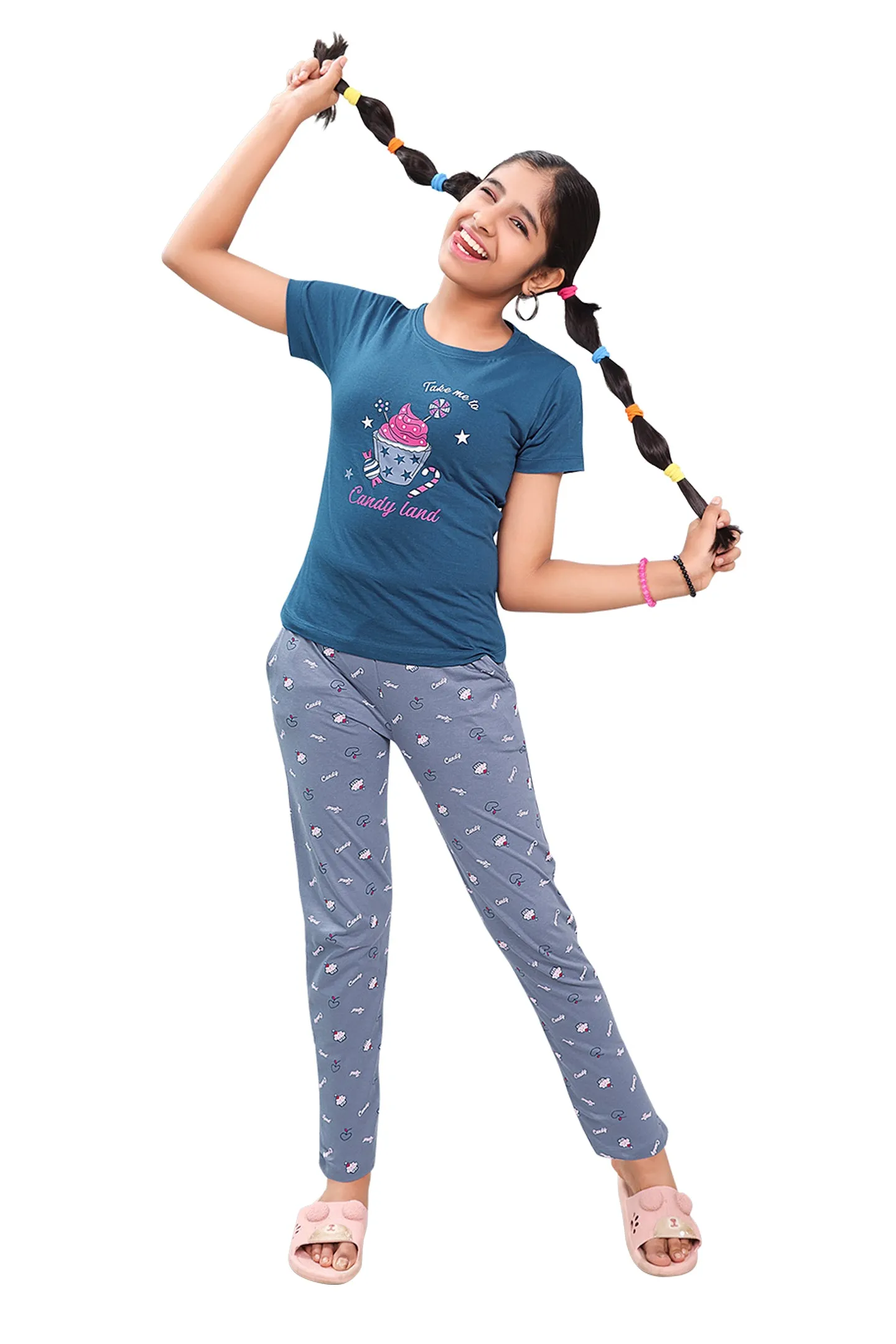 Girls Round Neck Tees  With Full Pant Set With Pocket - Laika