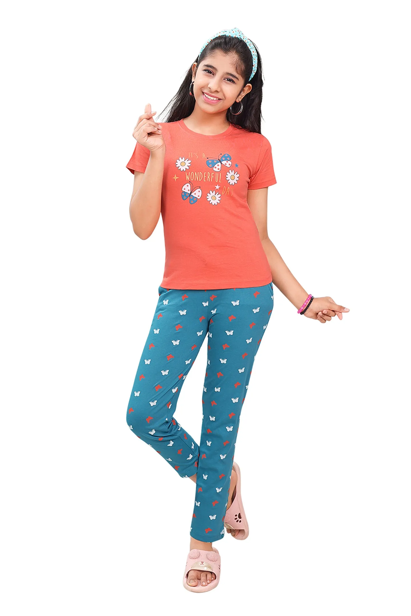 Girls Round Neck Tees  With Full Pant Set With Pocket - Laika