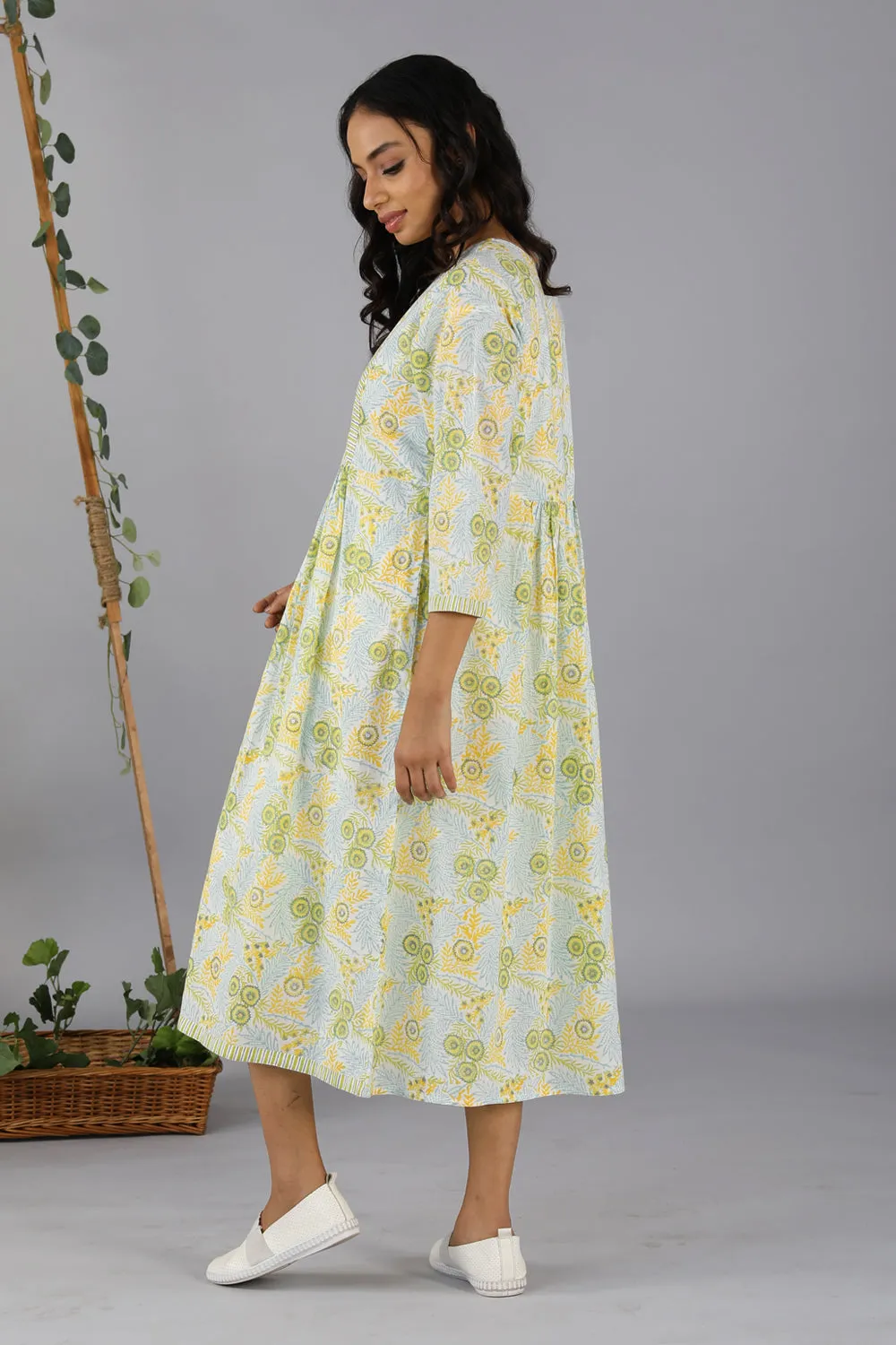 Handblock printed gathered dress