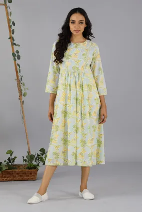 Handblock printed gathered dress