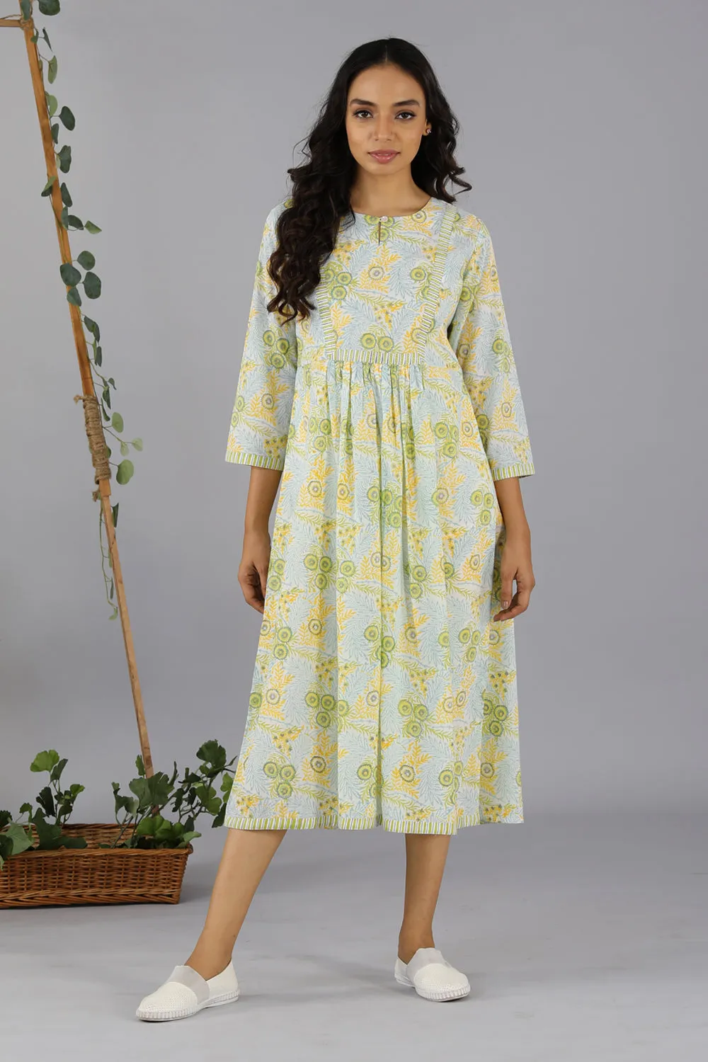 Handblock printed gathered dress