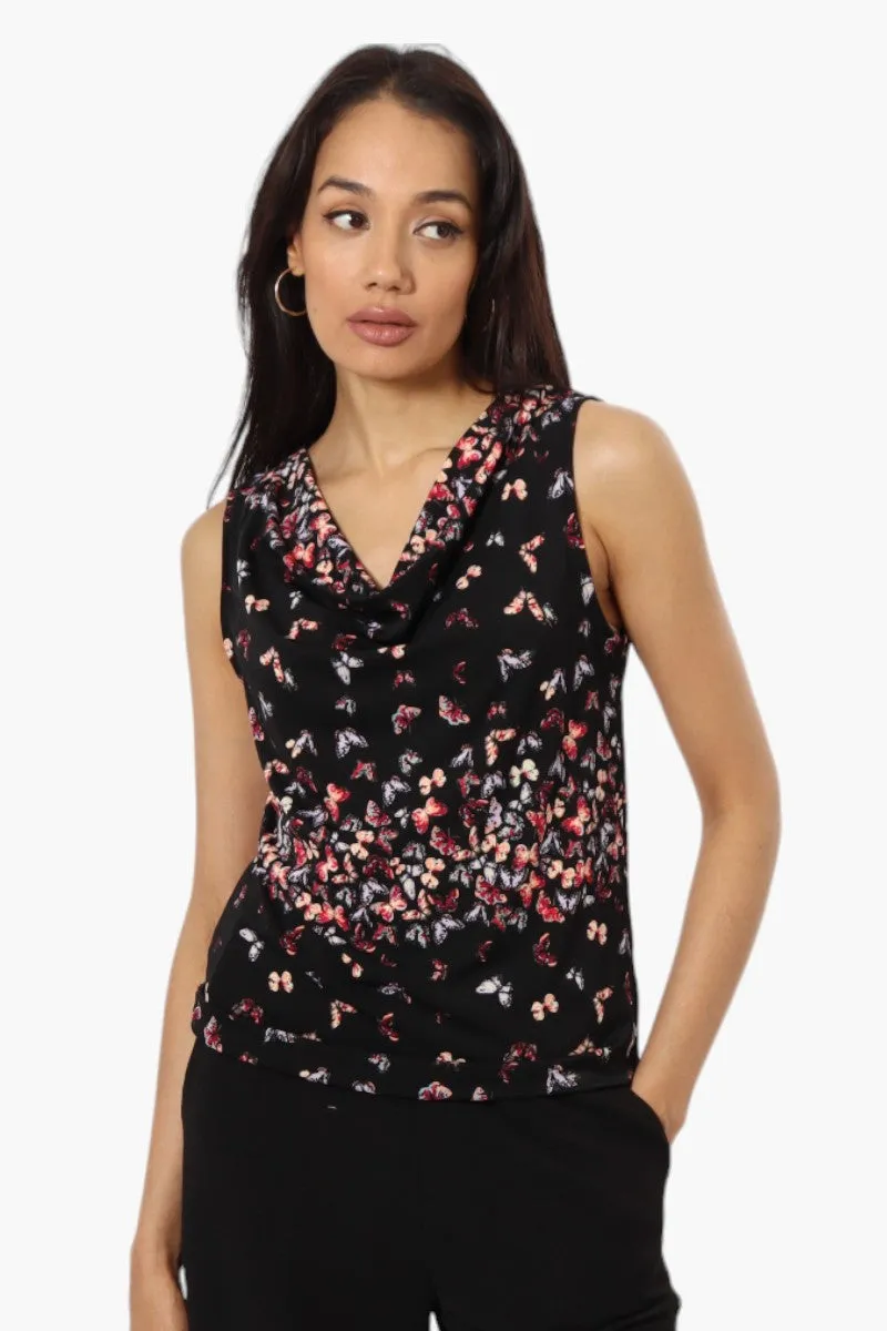 Impress Butterfly Pattern Cowl Neck Tank Top - Black