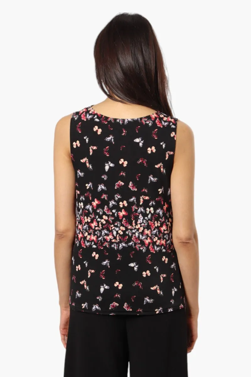 Impress Butterfly Pattern Cowl Neck Tank Top - Black