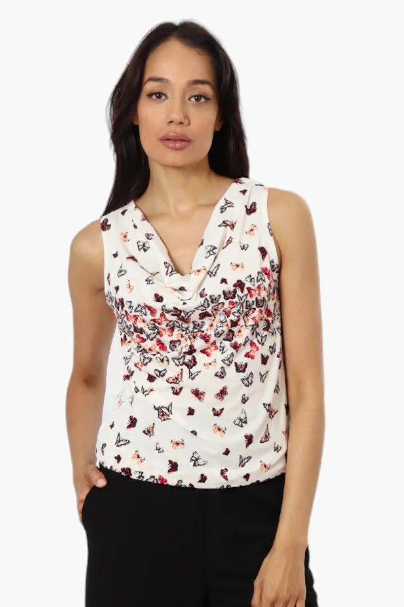 Impress Butterfly Pattern Cowl Neck Tank Top - White